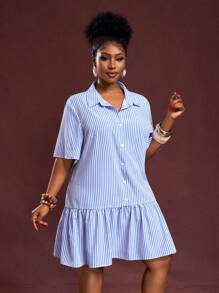 Slaydiva Plus Size Vertical Striped Short Sleeve Casual Loose Button Front Dress, Summer - Blue and White - View 4