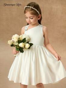 Glamorique Kids Mädchen süßes, niedliches Sommerkleid für alle Jahreszeiten, weißes besticktes Hochzeitskleid für Blumenmädchen, ärmelloses Prinzessinnen-Partykleid - Weiss - Übersicht 4