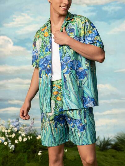 SHEIN Touch of Art 男士夏季休闲度假艺术触感绘画印花翻领落肩超大衬衫