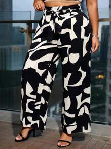 SHEIN SXY Plus Size Women Geometric Print Knotted Waist Pockets Wide Leg Pants,Suitable For Early Spring, Spring And Summer, Rainforest, Beach Party, Seaside Vacation, Bonfire Party, Cool And Light, Slim Fit, Comfortable To Wear,Easy To Match&Looks Slim,Accent Your Body,Flatter The Figure