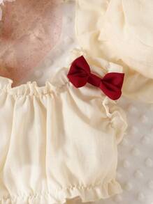 Baby Girl Frill Trim Top & Bow Front Shorts & Accessory Hat Set - Apricot - View 3