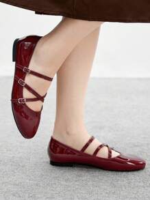 CUCCOO BIZCHIC 女士圆头平底鞋，多带设计，舒适百搭，酒红色日常办公平底鞋