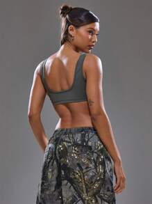 MUSERA Low Scoop Neck Twist Centre Sleeveless Crop Top Spring, Summer, Streetwear, Y2k, Cool Girl,City Muse - Olive Green - View 4