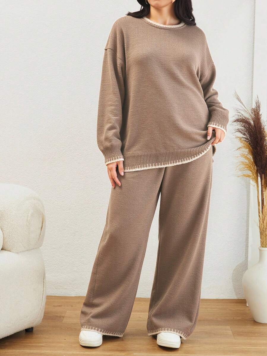 EURMUSE Color Block Edged Long Sleeve Sweater And Knitted Pants Two Pieces Set - Mocha Brown - View 1
