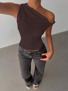 Women's Casual Asymmetrical Neck Top, Solid Color For Summer