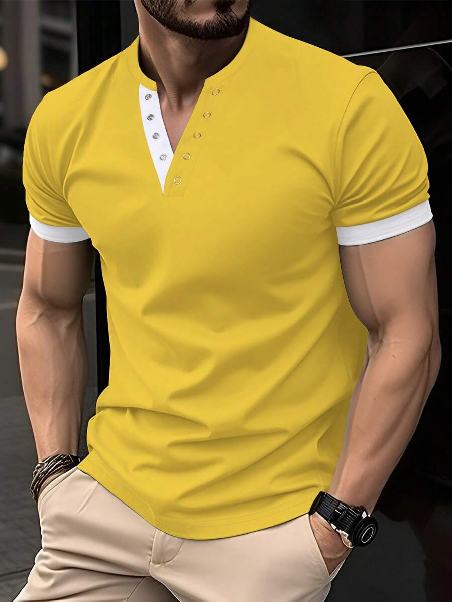 Manfinity Homme Áo thun nam tay ngắn Colorblock thường ngày, mùa hè - Màu vàng - Xem 1