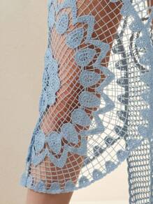 Anewsta 女士优雅不对称下摆镂空透视 A 字长裙泳衣罩衫，适合海滩、度假、春夏、节日、毕业典礼 - 藍色 - 查看 4