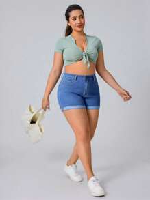 Flexra Plus Size Women Elastic Denim Sexy Fashion Shorts