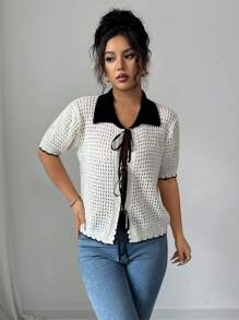 Chiquease French Minimalist Casual Short Sleeve Knitted Cardigan With Polo Collar For Women - Black and White - View 7