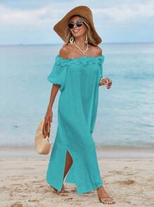 Swim Vcay Women's Summer Beach Ruffled Shoulder Midi Dress, Sexy Beach Dress, Lantern Sleeve Loose Wedding Guest Split Dress - Cadet Blue - View 6