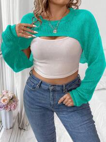 Calvaya 大码女式春季圆领宽松休闲针织短款上衣，宽松套头毛衣，仿珍珠纹理图案，日常黑色秋冬款 - 藍色 - 查看 6