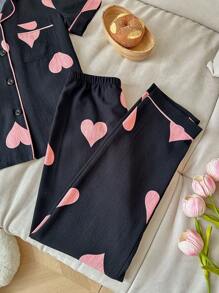 SHEIN 大女孩荷叶边心形印花纽扣睡衣套装 - 黑色 - 查看 6