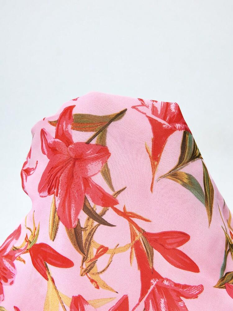 SHEIN Maija 여성용 플로럴 프린트 홀터넥 블라우스, 휴가 스타일