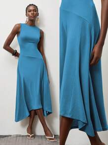 Lumivelle 女式无袖纯色圆领不对称下摆连衣裙，春夏