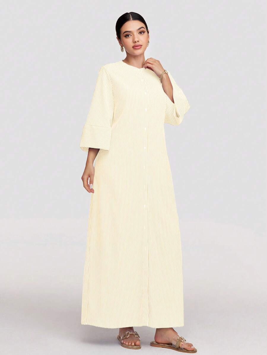 Veilorie Váy dài thường ngày cài nút sọc cho nữ, Xuân Thu, Váy maxi giản dị, hoàn hảo cho trang phục đi biển/thường ngày/nghỉ mát/ở nhà/trở lại trường & trang phục thường ngày - Màu vàng - Xem 1