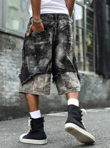 Manfinity LEGND Men's Black Denim Bermuda Shorts With Ripped Details And Camouflage Underlayer