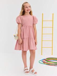 Leap Crew Leap Crew 青少年女孩休闲简约舒适圆领泡泡袖镂空后背长裙 - 粉色 - 查看 3