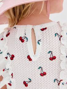 SHEIN Young Girl Casual Minimalist Comfortable Round Neck Ruffle Trim Cherry Print Dress - White - View 4