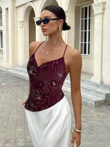 Siren Gaze Áo hai dây màu đỏ tía mùa hè đính sequin và đá quý thanh lịch dành cho nữ - Màu đỏ tím - Xem 6