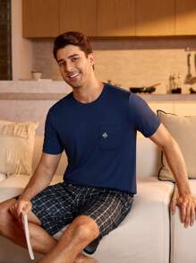 Manfinity Underwear&Sleepwear Basics Men's Pajama Set - Round Neck Short Sleeve Top And Shorts - Multicolor - View 4
