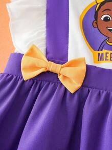 Blippi X SHEIN Đầm tay ngắn nơ vàng và dây tím dễ thương cho bé gái mùa hè - Màu tím - Xem 5