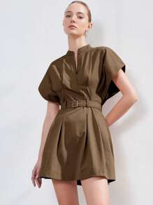 Aveloria Modichic New Women Fashion Minimalist Chic Office Commuter Style Stand Collar Loose Pleated Fit & Flare Dress With Cinched Waist - Coffee - View 5