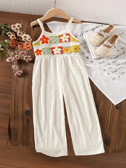 女童刺绣彩色饰边吊带连体裤，休闲日常可爱收腰连体裤，夏季必备