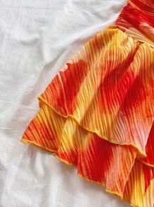 Soleia Women's Sunset Ombre Gradient Print Pleated Fabric Halter Neck Bodycon Top And Double Layer Ruffle Mini Skirt Set, Holiday, Date, Afternoon Tea, Beach, Cruise, Road Trip, Music Festival, Boho Vacation Summer Skirt Set Vacation Outfits Woman Skirt Set Beach Skirt Set Tequila Sunrise Outfit - Coral Orange - View 3