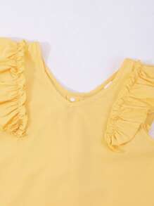 Older Girls' Summer Solid Color Casual V-Neck Ruffle Sleeve Back Hollow Design Detachable Bow Decor Blouse, Suitable For Daily Outings - Yellow - View 5