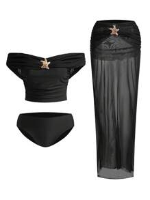 Swim Oasis 女士海滩度假海星装饰比基尼泳装和罩衫裙套装