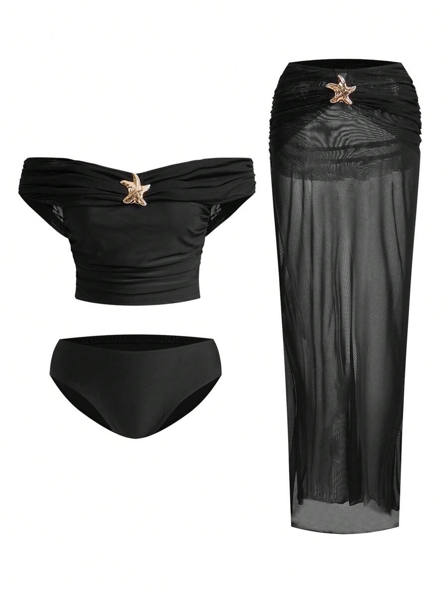 Swim Oasis 女士海滩度假海星装饰比基尼泳装和罩衫裙套装