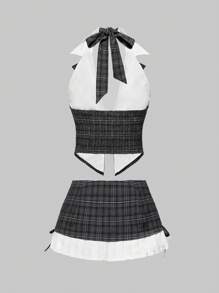 ROMWE Academia 2pcs Y2K College Girl Colorblock Crop Top And Mini Skirt Set - Grey - View 2