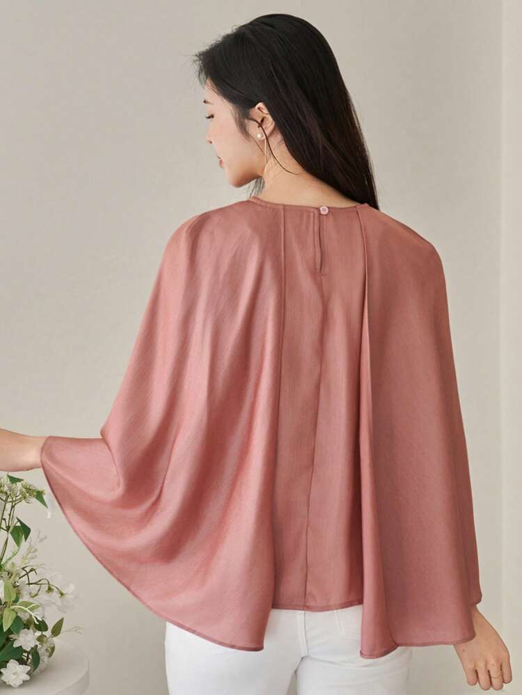 Elegant Solid Color Round Neck 2 In 1 Shawl Sleeve Split Women's Blouse,Fall Women Clothes Long Sleeve Top