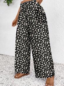 SHEIN Frenchy Plus Size Floral Print Casual Loose Pants, Suitable For Summer - Black - View 5