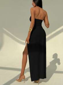 Aloruh New Sexy Halter Hollow Out Waist Marine Element Decor High Slit Beach Cover Up Dress, Spring/Summer - Black - View 3