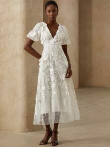 BELROSIE French Romantic Solid Color 3D Floral V-Neck Short Sleeve Maxi Dress For Women, Summer - White - View 4