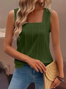 SHEIN LUNE 夏季新款无袖大肩带方领折扣宽松女士休闲背心 - 軍綠色 - 查看 4