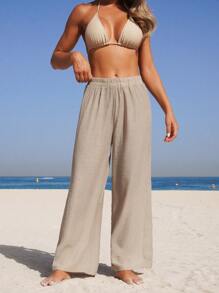 Swim Vcay Women's Solid Color Elastic Waist Loose Cover Up & Pants Set For Vacation For Summer - Khaki - View 4