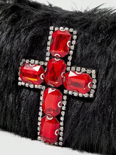 Goth Rhinestone Red Cross Furry Crossbody Bag