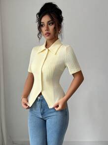 Elenzga Women's Solid Color Short Sleeve Single-Breasted Jacquard Knit Shirt-Style T-Shirt