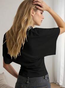 Rina Fox Damen Sommer einfarbiges T-Shirt mit rundem Ausschnitt, Fledermausärmeln und locker taillierter Form