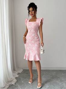 Elenzga 优雅精致的提花通勤连衣裙，夏季 - 粉色 - 查看 4