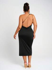 SHEIN SXY 大码女式纯色单肩褶皱修身优雅连衣裙，适合性感妩媚的职场女性、舞会、晚宴、情人节、邮轮旅行、通勤、商务、复古、派对、度假、外出、老钱风、层次丰富的场合、约会之夜、聚会、极简主义、生日、正式活动、辣妹风、伊比沙岛风、纳什维尔风、休闲、端庄、时尚、休闲、购物、街头风、外出等各种场合，凸显身材，修饰身形，适合教师穿着。 - 黑色 - 查看 2