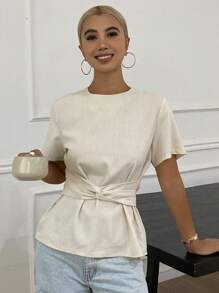 Livesso 女式夏季圆领抽绳短袖上衣 - 杏色 - 查看 5