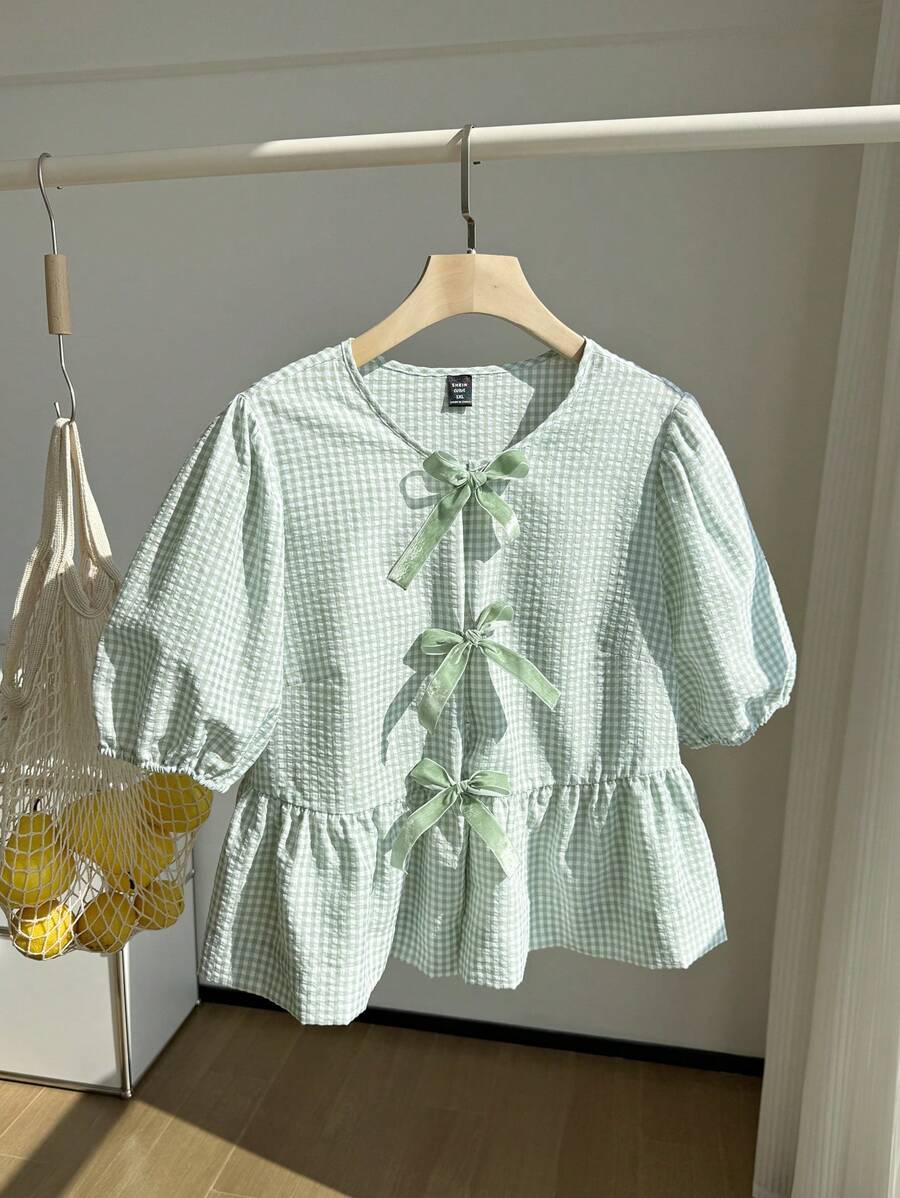 Comfortcana 大码薄荷绿和白色格子短袖休闲衬衫 - 薄荷綠 - 查看 1