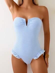 Swim Mod Women's Premium Summer Sexy Ruffled Minimalist Striped Fabric One-Piece Swimsuit Beach Wear - Blue and White - View 3