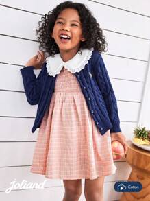 Joliand 1 pezzo Vestito elegante da ragazza giovane Joliand, a quadri rosa, con decorazioni in pizzo bianco, colletto a rever, senza maniche, a-line, adatto per festa, viaggi, matrimoni, estate