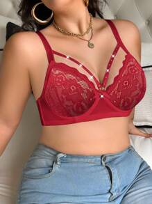 1pc Plus Size Women Lace Push Up Underwire Bra - Red - View 7
