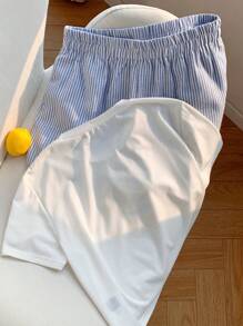 Comfortcana 2pcs Women Summer Letter & Pineapple Print Round Neck Short Sleeve T-Shirt And Striped Shorts Set