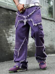 Manfinity EMRG Plus Size Men's Casual Washed Frayed Workwear Denim Jeans - Purple - View 4